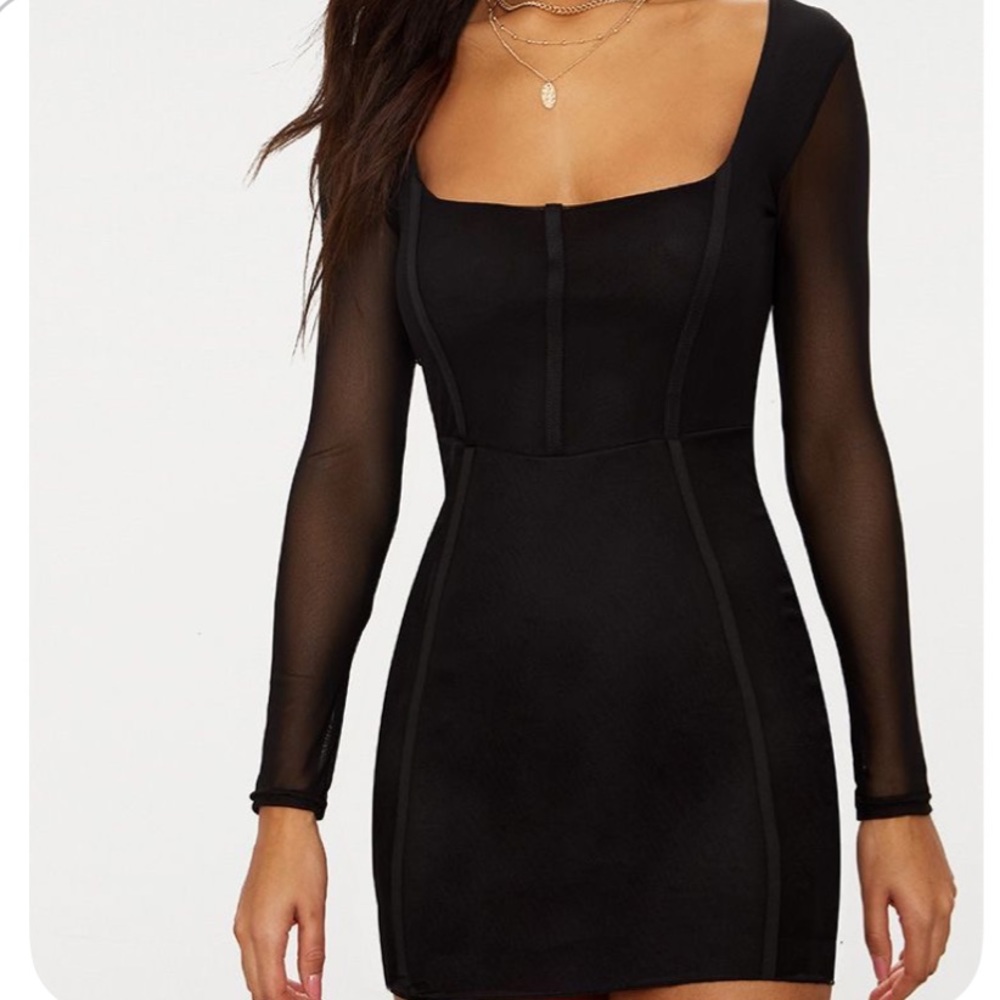 Sheer Mesh Square Neck Binding Bodycon Dress - image 1